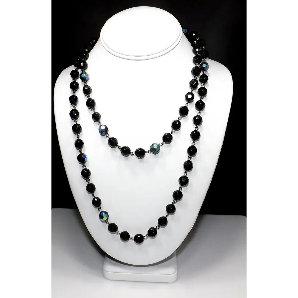 Long Black Crystal Beaded Necklace, Aurora Borealis, No Clasp, 1970s Vintage